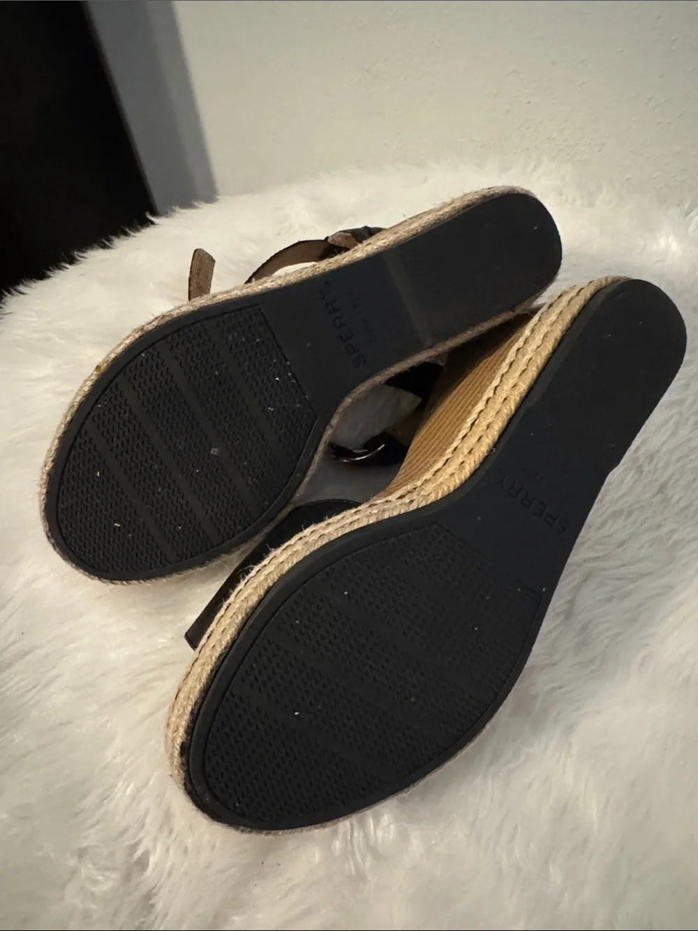 Sperry Black Espadrille Wedge Sandals with Ankle Strap